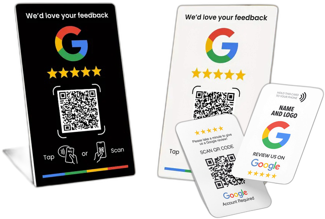 Cartões NFC, QR code e expositor de avaliações Google, programados na hora pela Flow Lab